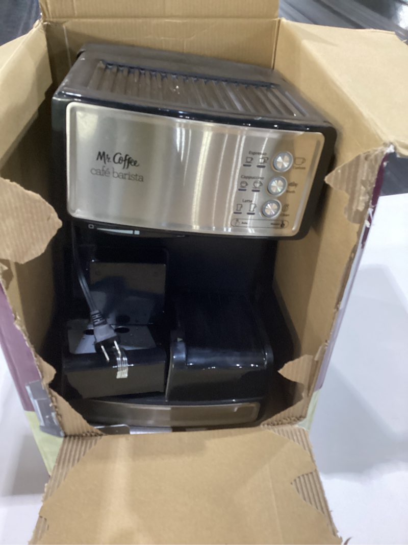 Condition photo showing As Is for mr. coffee espresso and cappuccino machine stainless steel programmable coffee maker with automatic milk frother 15-bar pump ideal for home baristas, not tested