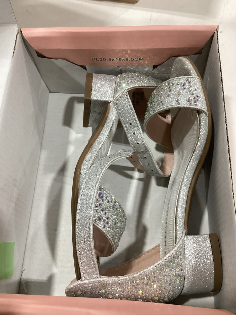 Condition photo showing Good Condition for dufannie girls sandals low heels dress pump ankle strap open toe flower girl wedding party for toddler little big kid 10 toddler single rhinestone silver