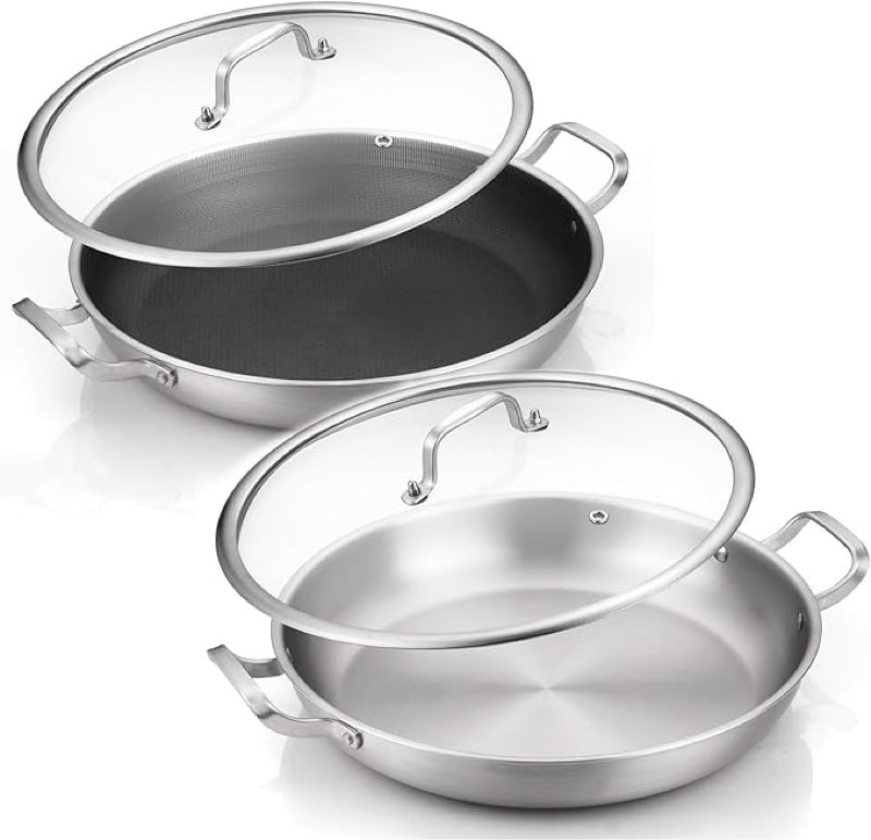 delarlo tri-ply stainless steel paella pan set 14 and 14inch frying pan with lid