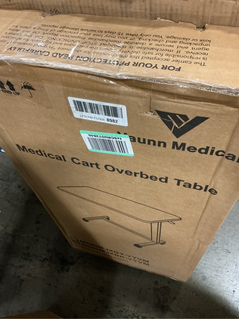 Condition photo showing New/Like New for vaunn medical adjustable overbed bedside table with wheels (hospital and home use) black