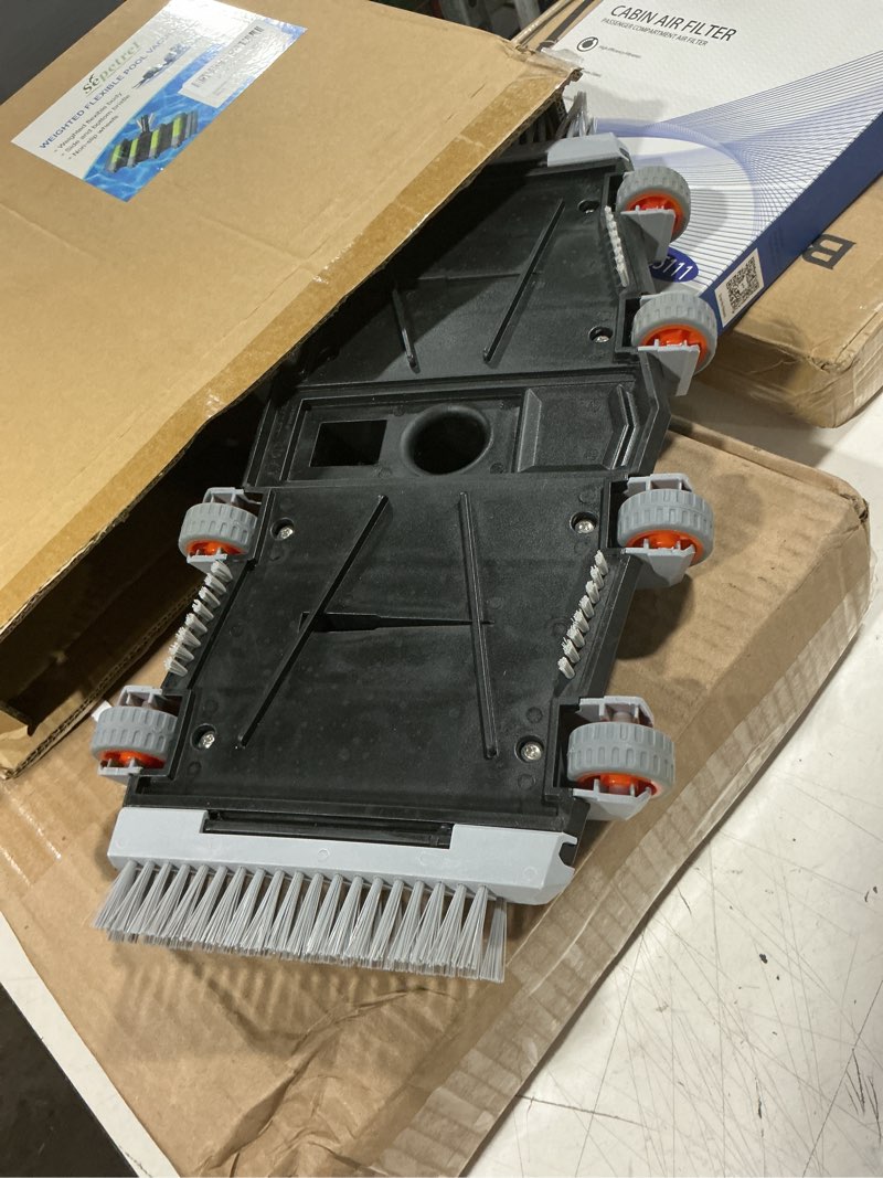 Condition photo showing As Is for sepetrel heavy duty pool vacuum head with wheels & aluminum handle, professional weighted flexible vacuum head