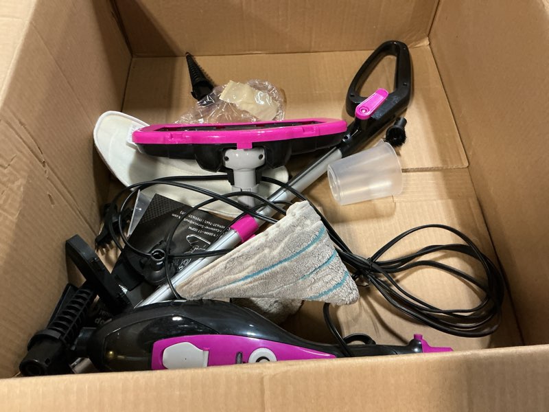 Condition photo showing As Is for 14-in-1 steam mop, 1550w detachable handheld steam cleaner for floor cleaning, 16.4 ft cord, 2 washable pads, multi-purpose floor steamer for hardwood, carpet, tile, grout pink 47.24"*6.89"*12.4"