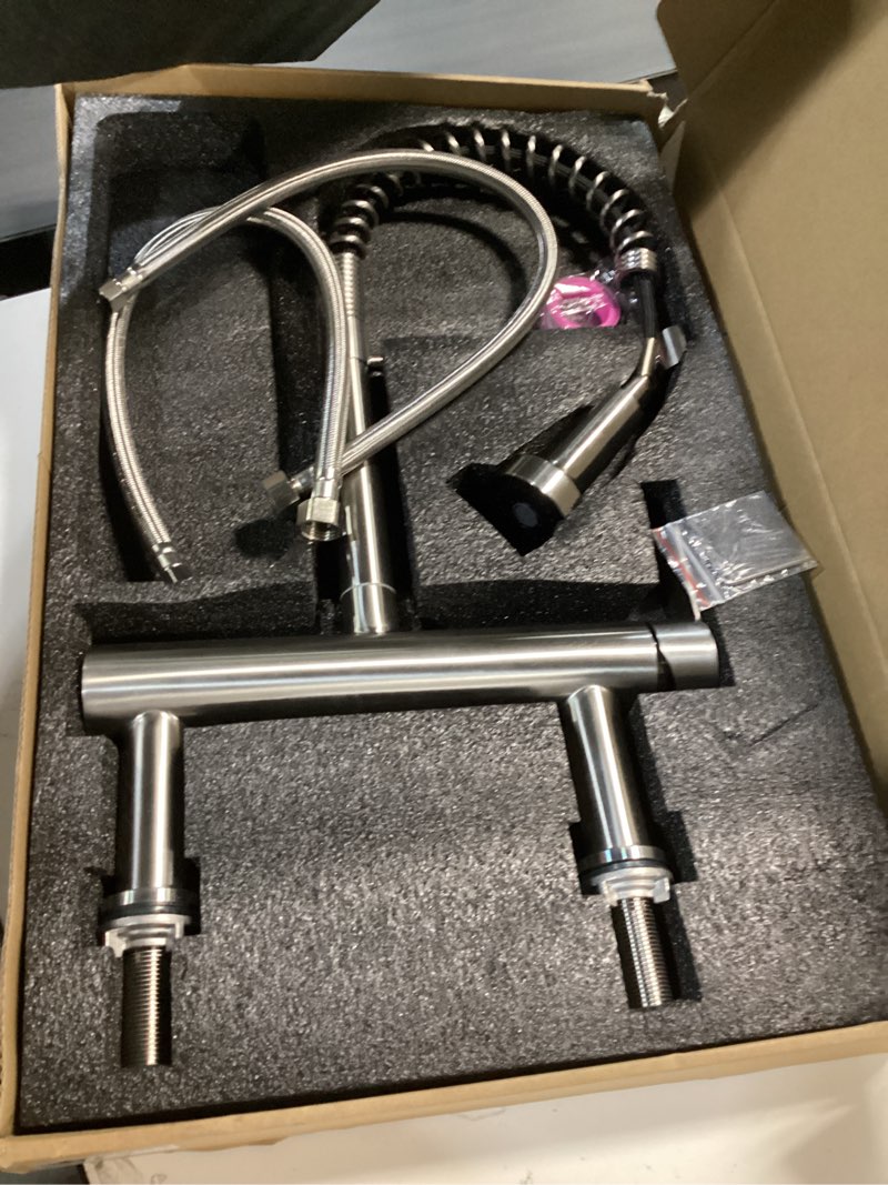 Condition photo showing Good Condition for FLWUEUE 8 Inch Center Bridge Faucet, Deck Mount Pre Rinse Faucet, with Pull Down Sprayer, High Arc Single Handle Spring Commercial Sink Faucet, Grifos De Cocina, Brushed Nickel