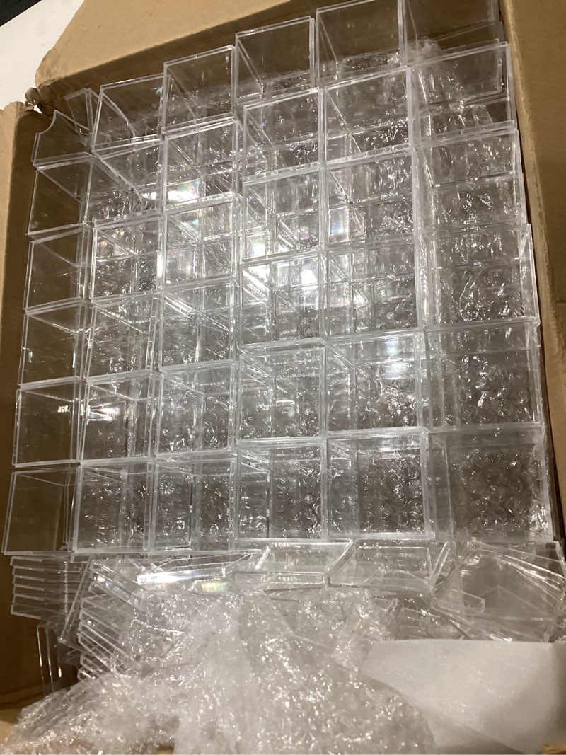 Condition photo showing As Is for Broken)))Tuanse 120 Pcs Acrylic Box with Lid Clear Small Acrylic Box Plastic Square Cube with Lid Mini Containers Display 2.2 x 2.2 x 2.2 Inch for Candy Pill Tiny Jewelry Toys Gifts