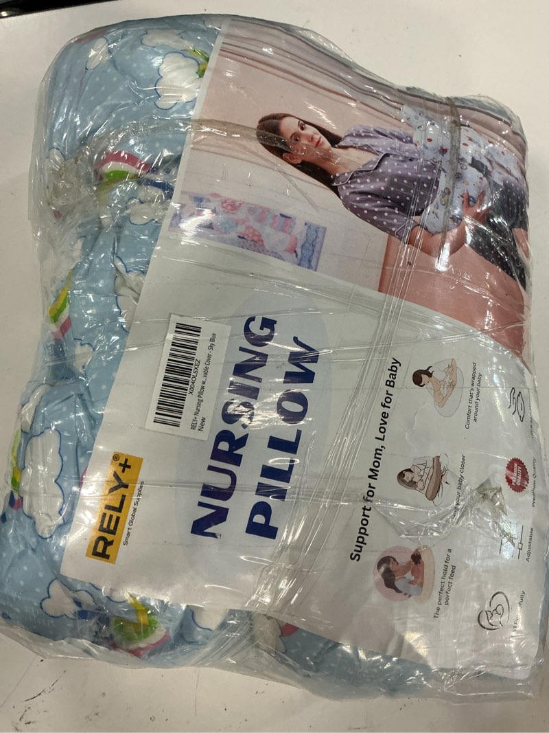 Condition photo showing New/Like New for rely+ wheelybear sky blue adjustable nursing pillow detachable 100% cotton cover | perfect support with plush polyester fill | comfortable for moms & babies 2-piece skyblue