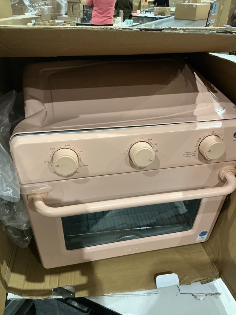 Condition photo showing As Is for bella air fry toaster oven, 7 preset cooking options, dishwasher-safe evergood coated trays included, 60-minute auto shutoff w audible timer, power indicator light, 1700 watt, blossom