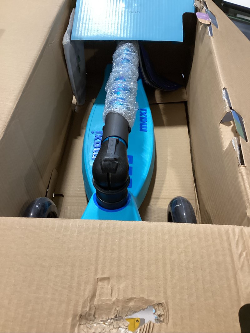Condition photo showing Good Condition for micro kickboard | maxi foldable led kids scooter for ages 5-12 | children up to 110 lbs | 3 wheel lean-to-steer design | adjustable t bar | smooth ride, motion activated pu led wheels | swiss design bright blue