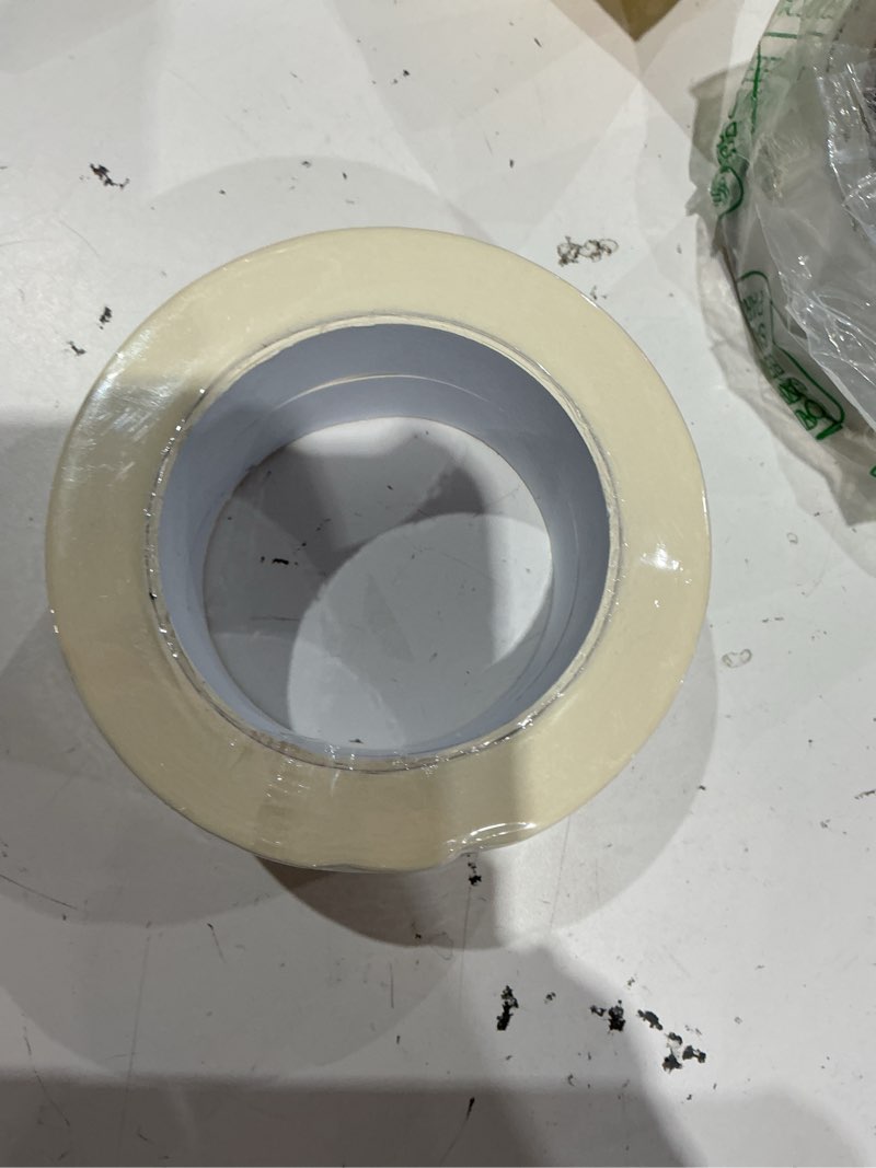Condition photo showing As Is for beige white masking tape, 1 inch x 55 yards, 2 rolls, painters tape for painting, home, office, school stationery, arts, crafts, decoration 1inch 2 rolls beige white