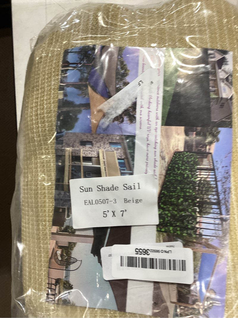 Condition photo showing Good Condition for 5' x 7' beige sun shade sail straight edge uv block & water permeable canopy cover for patio, garden, backyard, yard & outdoor