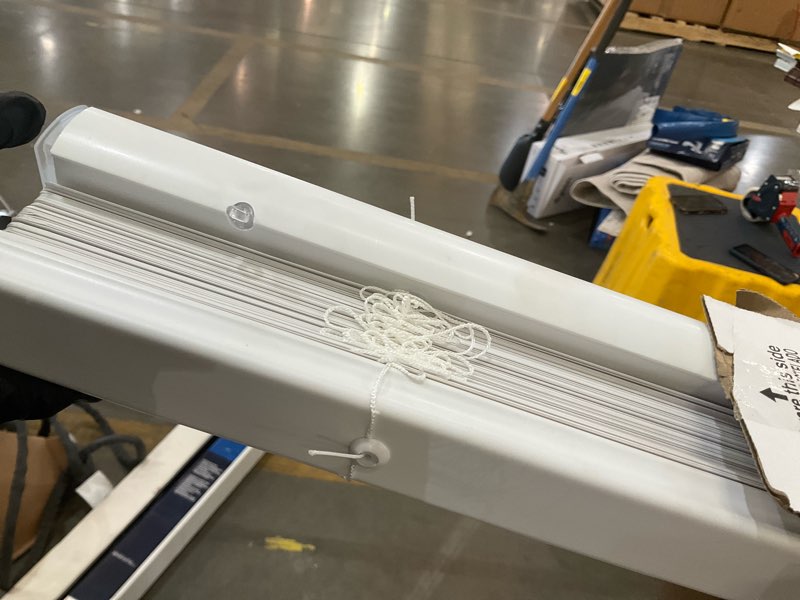 Condition photo showing As Is for project source light filtering 1-in slat width 39-in x 64-in cordless white vinyl light filtering mini-blinds