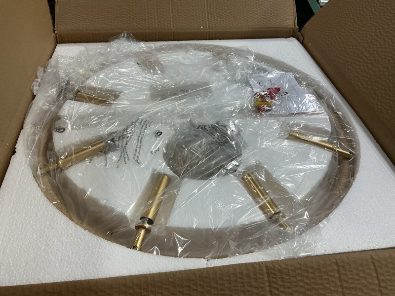 Condition photo showing Good Condition for gold farmhouse chandelier 8 light wagon wheel chandelier modern metal round pendant lighting fixture for dining room entryway island living room kitchen 8-light gold