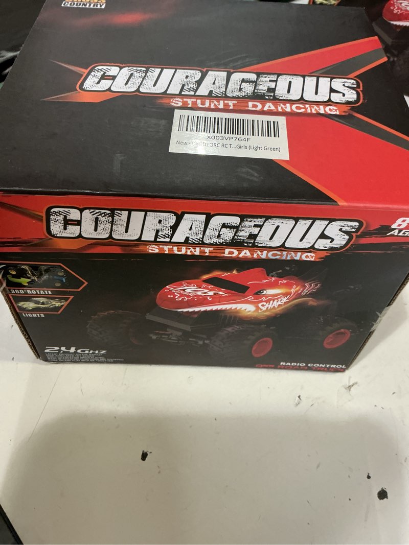 Condition photo showing New/Like New for dyodyorc remote control car, 2.4ghz all terrain dinosaur monster truck toys, rc truck with music, 3 lighting effects, 360 stunt capable, 2 batteries ready to run, toy gifts for boys and girls (green) green dinosaur