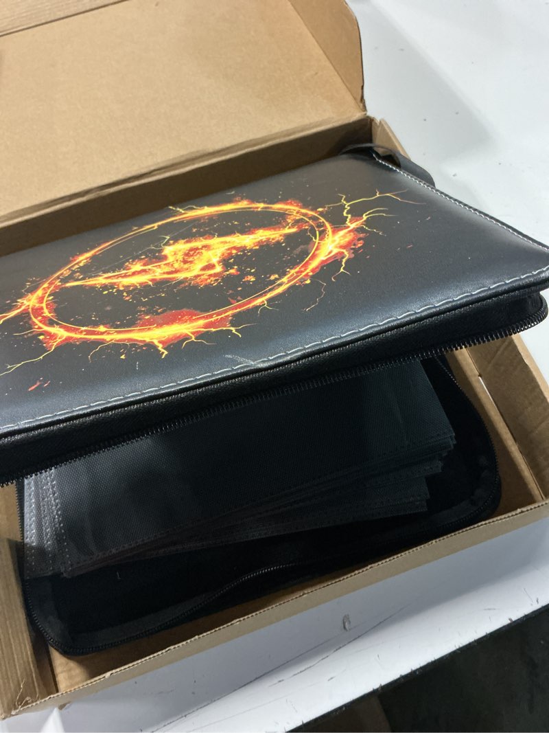 Condition photo showing New/Like New for jumbo card binder compatible with pokemon xl jumbo cards, 100 pockets zip trading card binder, qubamg oversized 5.7"×7.9" card holders storage, 3-ring pu collector album card folder, lightning black