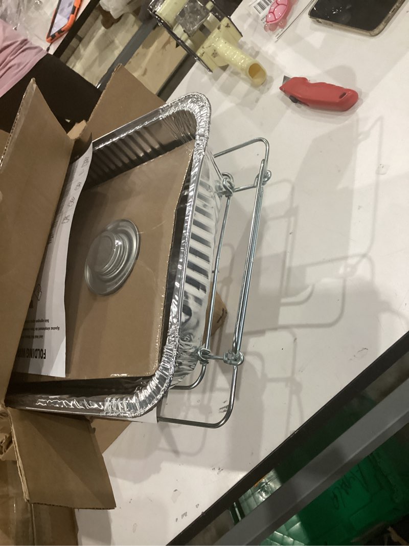 Condition photo showing Good Condition for sterno 4-piece chafing dish set, buffet kit - catering-to-go set - wire rack, full size water pan, and 2 chafing fuel cans for food warming