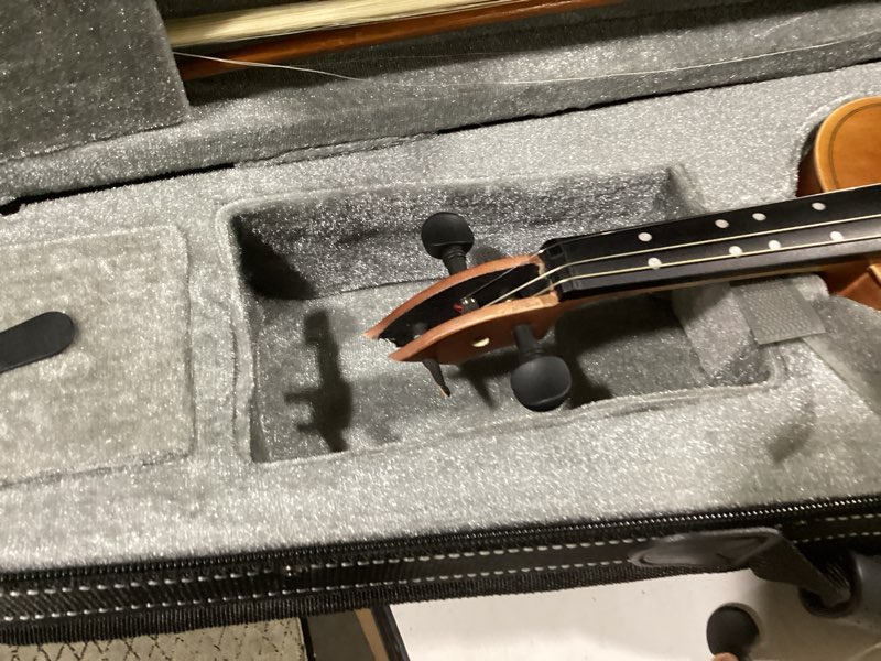 Condition photo showing As Is for eastar 1/4 violin set fiddle for beginners with hard case, rosin, shoulder rest, bow, and extra strings (imprinted finger guide on fingerboard), eva-3 matte 1/4