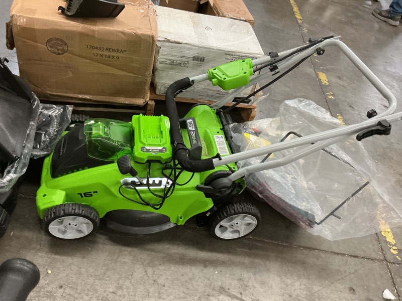 Condition photo showing As Is for greenworks 40v 16" (push) cordless lawn mower, 4.0ah battery (1/3 acre, push button start, compatible with 75+ tools) 16" (4.0ah)