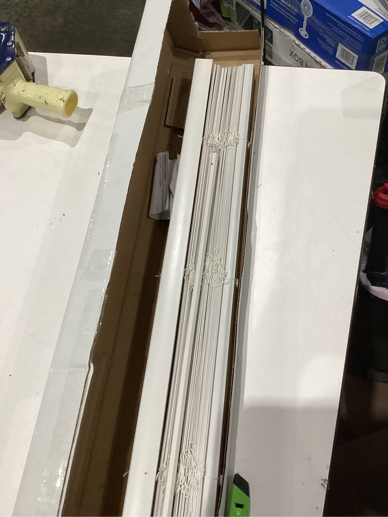 Condition photo showing As Is for mainstays 1" cordless vinyl light filtering mini blinds, white, 48x64