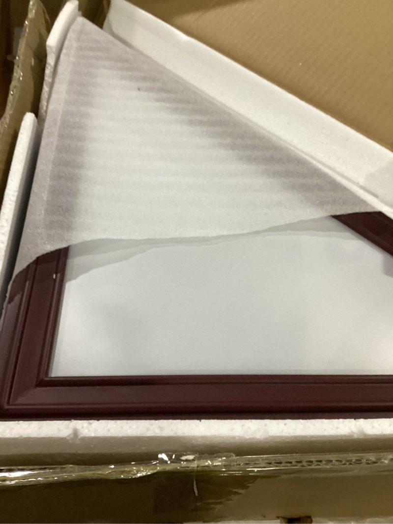 Condition photo showing As Is for refgy large flag display case for 5x9.5' folded veteran burial flag, wooden triangle shadow box with high transparency acrylic cover, memorial flag frame for wall mount or tabletop, mahogany,sh2503-rd