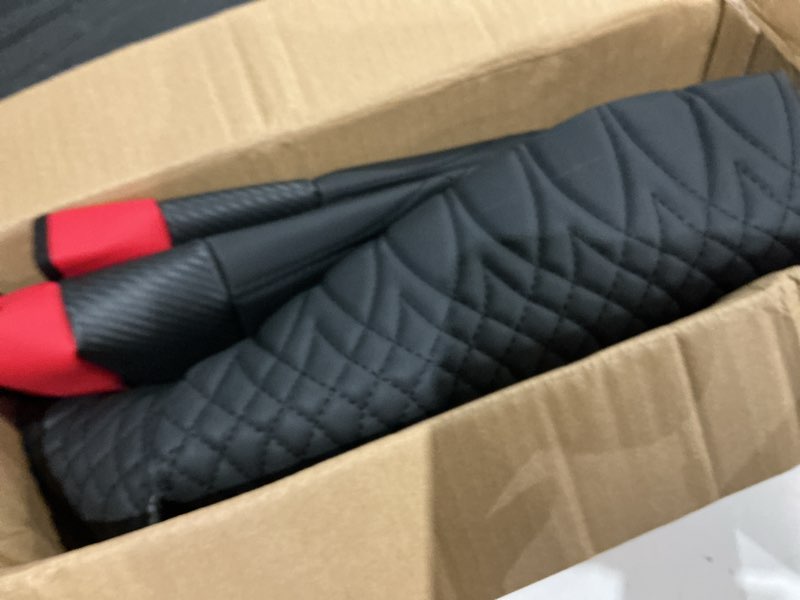 Condition photo showing As Is for skechers memory foam car seat covers, leather high back seat covers quilting design,waterproof sports car seat covers front seats,airbag compatible, universal fit for most cars, suvs,trucks,red black and red front seats only