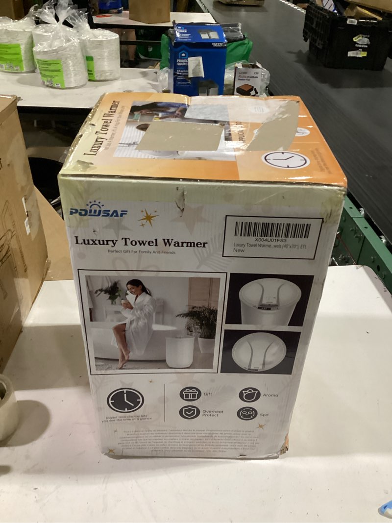 Condition photo showing Good Condition for powsaf towel warmer, luxury towel warmers for bathroom, large blanket heater bucket, aroma tray for spa, auto timer and protection feature, fits oversized towels, blankets, bathrobes, pjs, and more