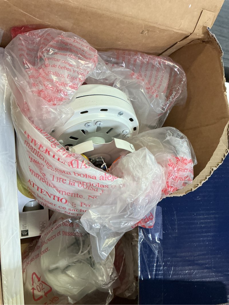Condition photo showing As Is for harbor breeze centreville 42-in white indoor flush mount ceiling fan with light kit - product is brand new - retail packaging maybe opened or damaged