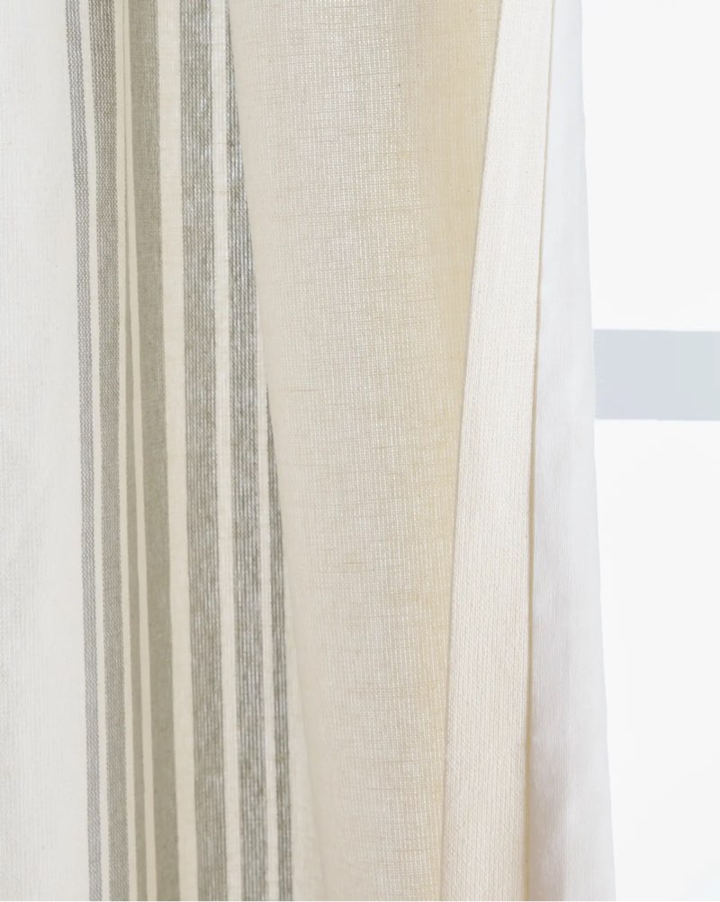 quince coastal stripe linen cotton curtain true blackout- single panel ivory/lightblue 48x96in