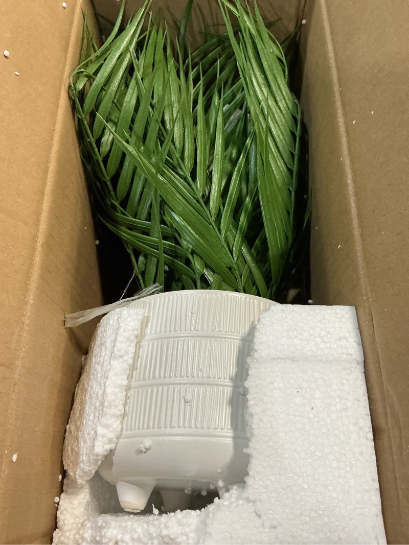 Condition photo showing New/Like New for hollyone large artificial potted plants fake palm plants 19" faux green plant plastic tropical palm tree in white ceramic pots bohemian for home room office house indoor decoration 19" plam potted-8
