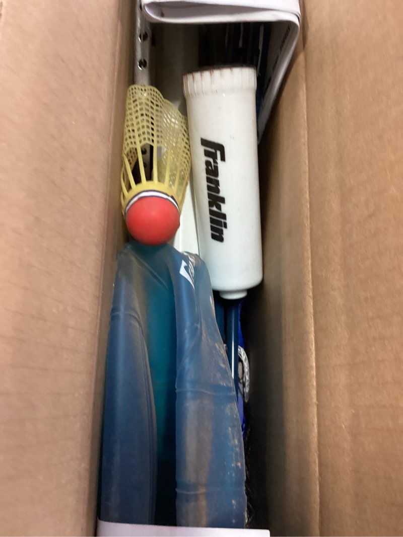Condition photo showing As Is for franklin sports volleyball + badminton sets - beach + backyard game set - volleyball, pump, badminton rackets, birdies, net + poles included recreational badminton/volleyball set