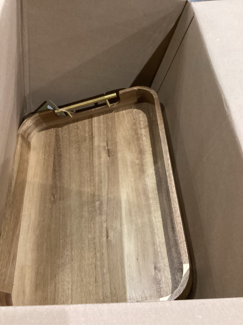 Condition photo showing Good Condition for Upper Acacia Wood Ottoman Tray 17x13 Inches with Handles, Decorative Serving Tray for Coffee Table, Breakfast Tray with Anti-Skid Pads Golden Handle 1