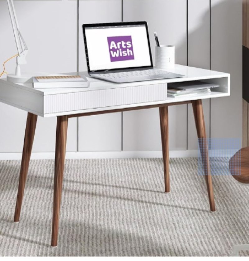 artswish mid century modern office desk with drawer - simple writing desk for home office, walnut walnut+black