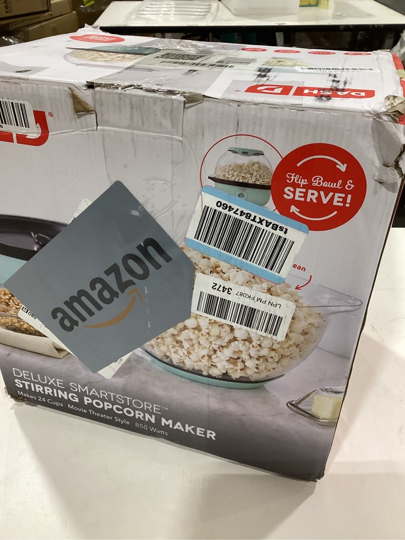 Condition photo showing Good Condition for Dash SmartStore Deluxe Stirring Popcorn Maker - Hot Oil Electric Popcorn Popper with Butter-Warming Tray, Clear Serving Bowl, Storage Lid & Measuring Cup - 24 Cups, Aqua 24 Cups Aqua
