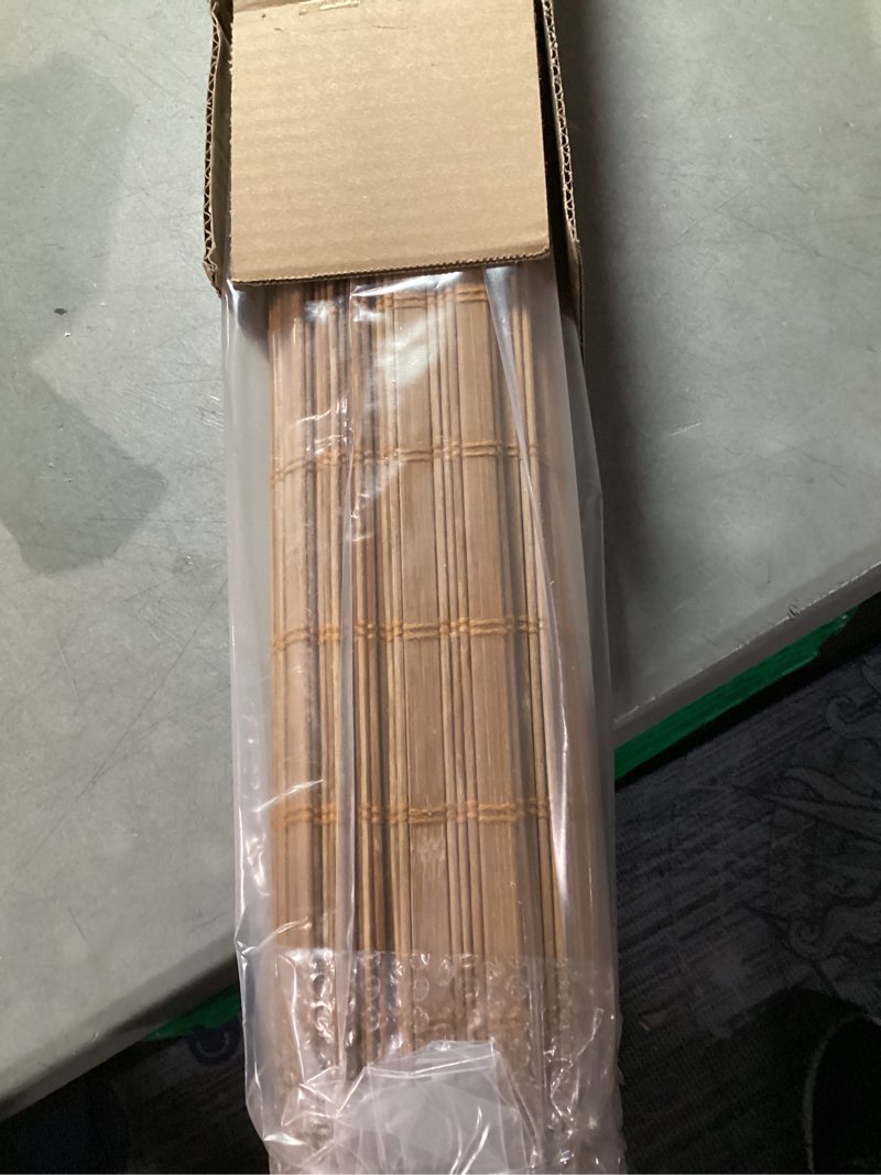 Condition photo showing New/Like New for bamboo blinds for interior windows, easy to install bamboo shades for indoor windows, custom roller shades for indoor window and outdoor patio, 23" w x 48" h bamboo carbonized broad 23"w x 48"h