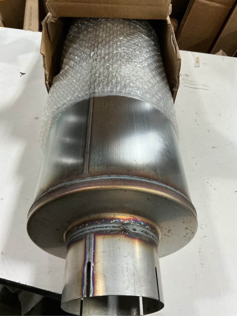 Condition photo showing Good Condition for 4'' exhaust muffler, 4'' inlet/outlet, universal 30'' overall stainless steel straight through design, resonator muffler 8"body-4"