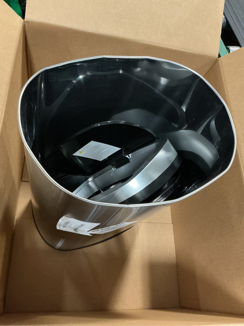Condition photo showing As Is for bestoffice | 13 gallon trash can with lid | automatic touchless garbage can | odor control | modern oval design | easy to clean | stainless steel | fits any kitchen, bathroom, office or home stainless steel stainless steel