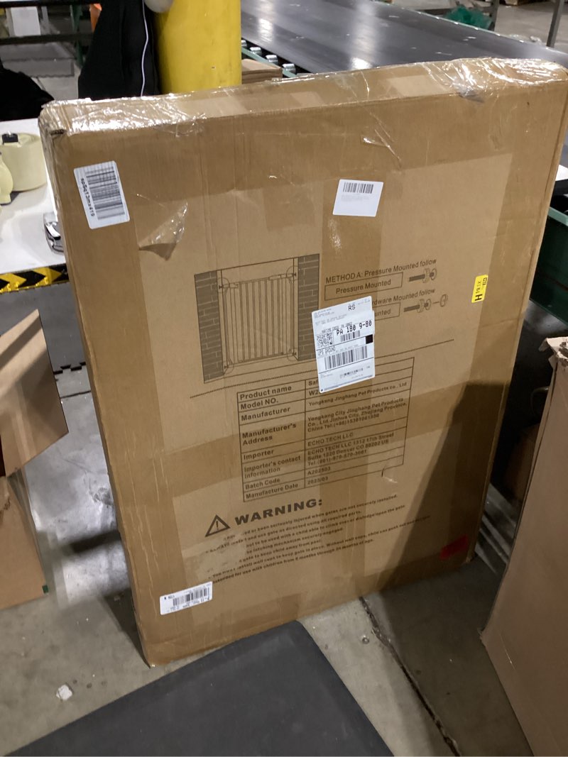 Condition photo showing As Is for WAOWAO Extra Tall 40.55" Baby Gate 57.48-74.4" Wide Pressure Mounted Walk Through Swing Auto Close Safety White Metal Toddler Child Dog Pet for Indoor Stairs,Doorways,Kitche White 57.48-74.4"/146-189cm