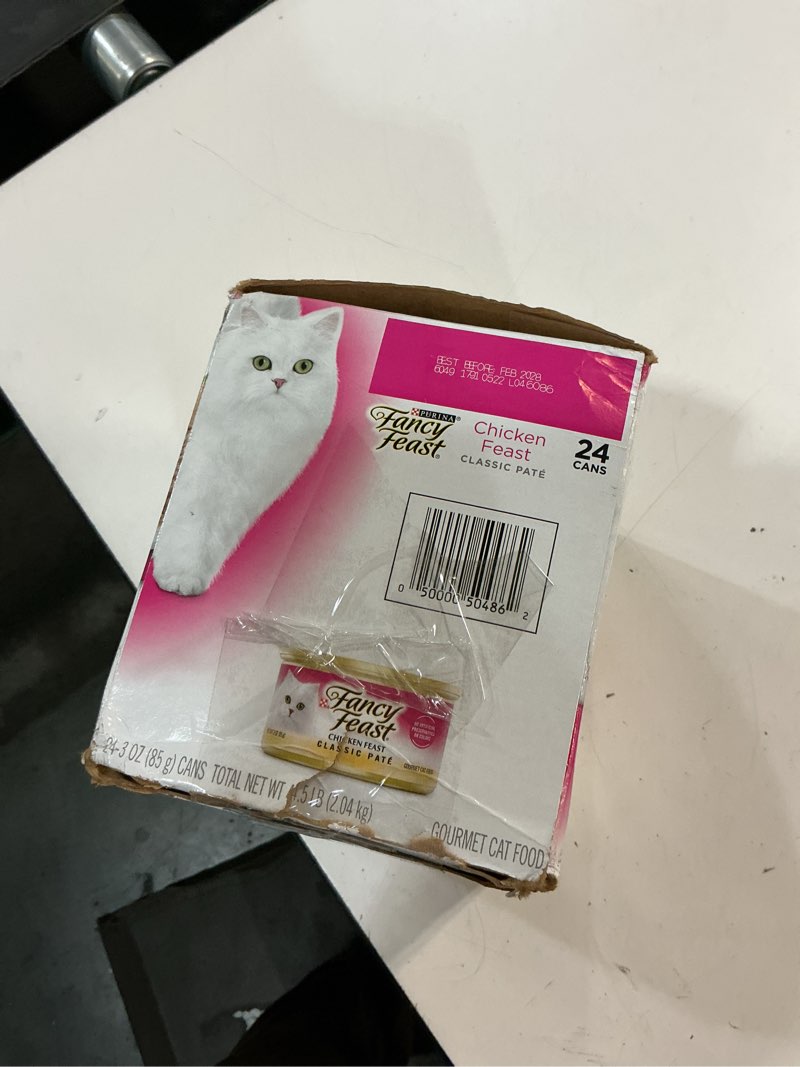 Condition photo showing New/Like New for ( best before :02/2028) purina fancy feast classic pate cat food, wet cat food, chicken & beef, 3 oz cans (24 pack)
