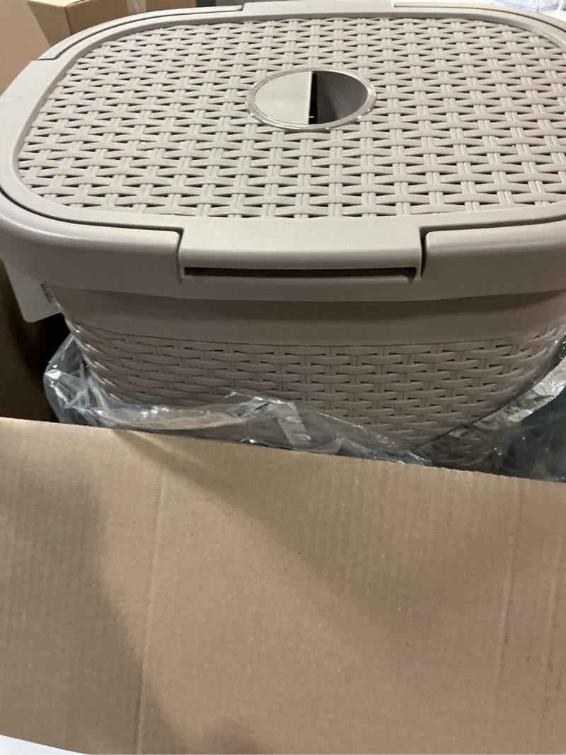 Condition photo showing Good Condition for Mind Reader Slim Laundry Hamper with Lid, 60L Clothes Basket, Premium Wicker Design, Plastic, Tan