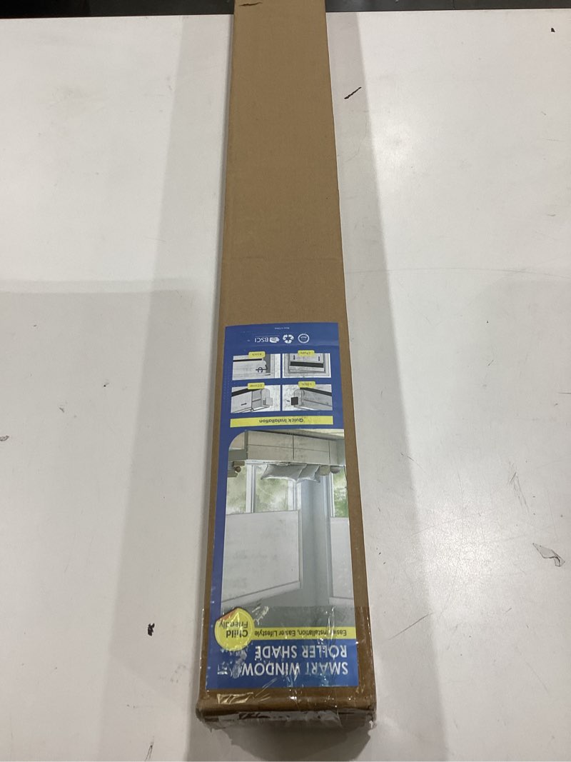 Condition photo showing As Is for smartwings motorized roller shades work with homekit, 100% blackout window shades, cordless wireless remote control roller blinds for smart home and office, essential grey, customized size