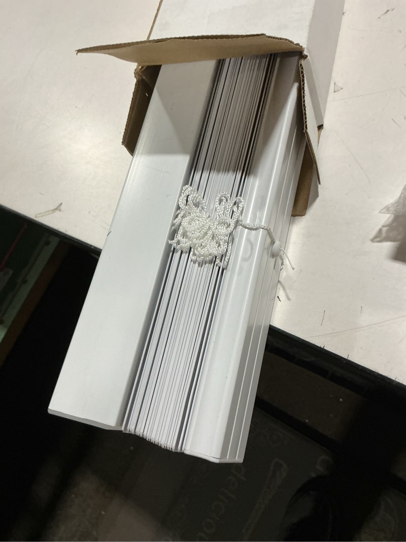 Condition photo showing As Is for Project Source Premium 2-in Slat Width 29-in x 64-in Cordless White Vinyl Room darkening Horizontal