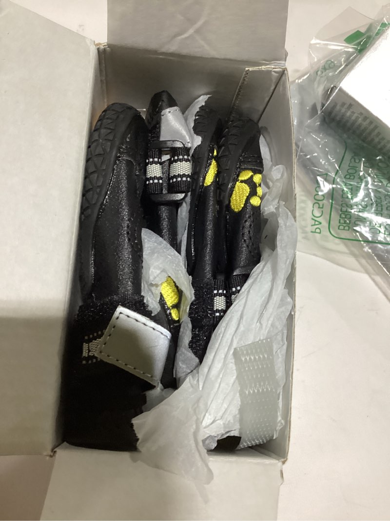 Condition photo showing Good Condition for QUMY Dog Shoes for Large Dogs, Medium Dog Boots & Paw Protectors for Winter Snowy Day, Summer Hot Pavement, Water-Resistant in Rainy Weather, Outdoor Walking, Indoor Hardfloors Skid-Resistant Sole Black Size 4: 2.2''x2.6''(W*L) (Pack of 4)
