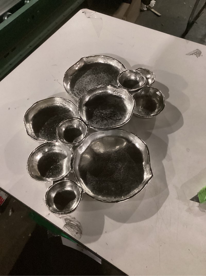 Condition photo showing Good Condition for 9 Cluster Decorative Bowls Bright Silver Snack Tray Bowl Chip & Dip Serving Piece Strong Brass Centerpiece Beautiful Room Accent & Entertaining Parties Home Decor Wedding Gifts 22 Inch Decorative Gift
