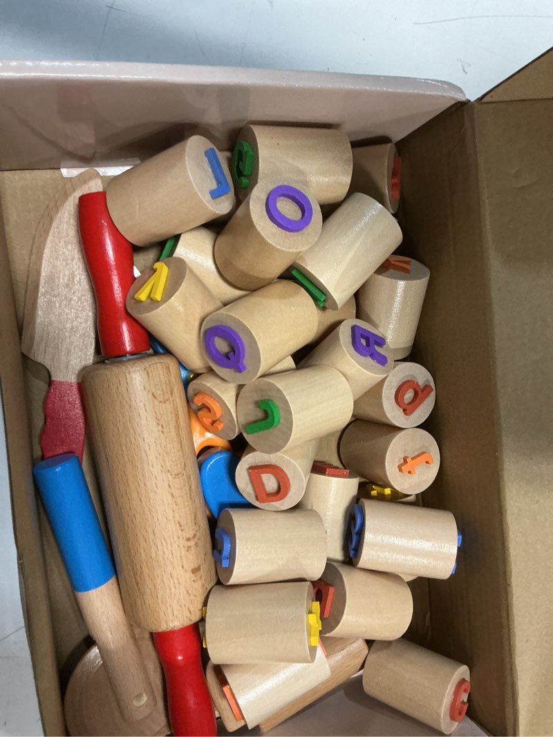 Condition photo showing As Is for wooden dough tools kit for kids, dough accessories with rolling pins, pizza cutter, safety scissors & 26 letter stamps, educational alphabet learning toys gift for toddlers ages 3–6