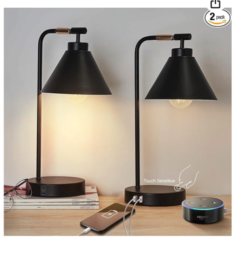 Black Touch Nightstand Lamp, Dimmable Industrial Table Lamp with USB Port and AC Outlet, Metal Bedroom Bedside Night Light for Reading, Set of 2