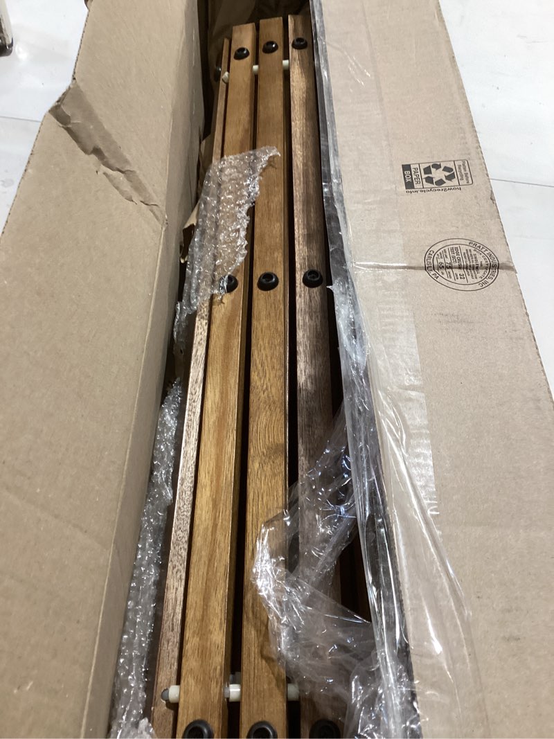 Condition photo showing As Is for Teak Wood Bath Mat, 30" x 30" Teak Shower and Bath Mat for Indoor and Outdoor Use, Non Slip Rollable Wooden Platform for Sauna, Pool, Bathtub, Hot Tub Flooring Decor and Protector 30" x 30" (Square)