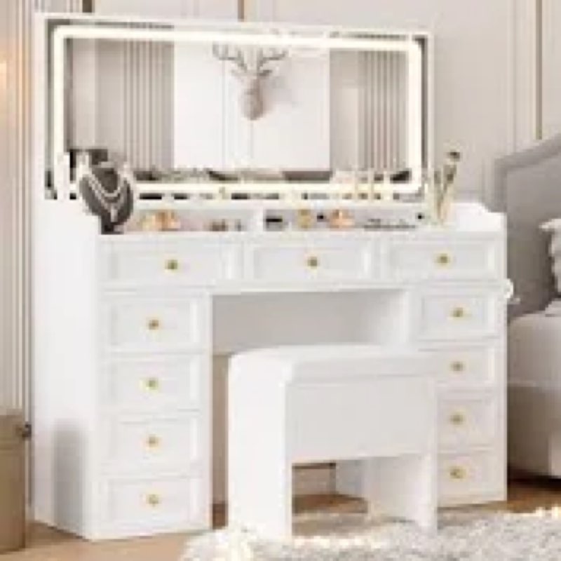 Vanity Desk with 11 Drawers and Large Led Lighted Mirror, 47" Large Makeup Vanity Table with A Power Outlet, Storage Stool, Vanity Set for Bedroom, White