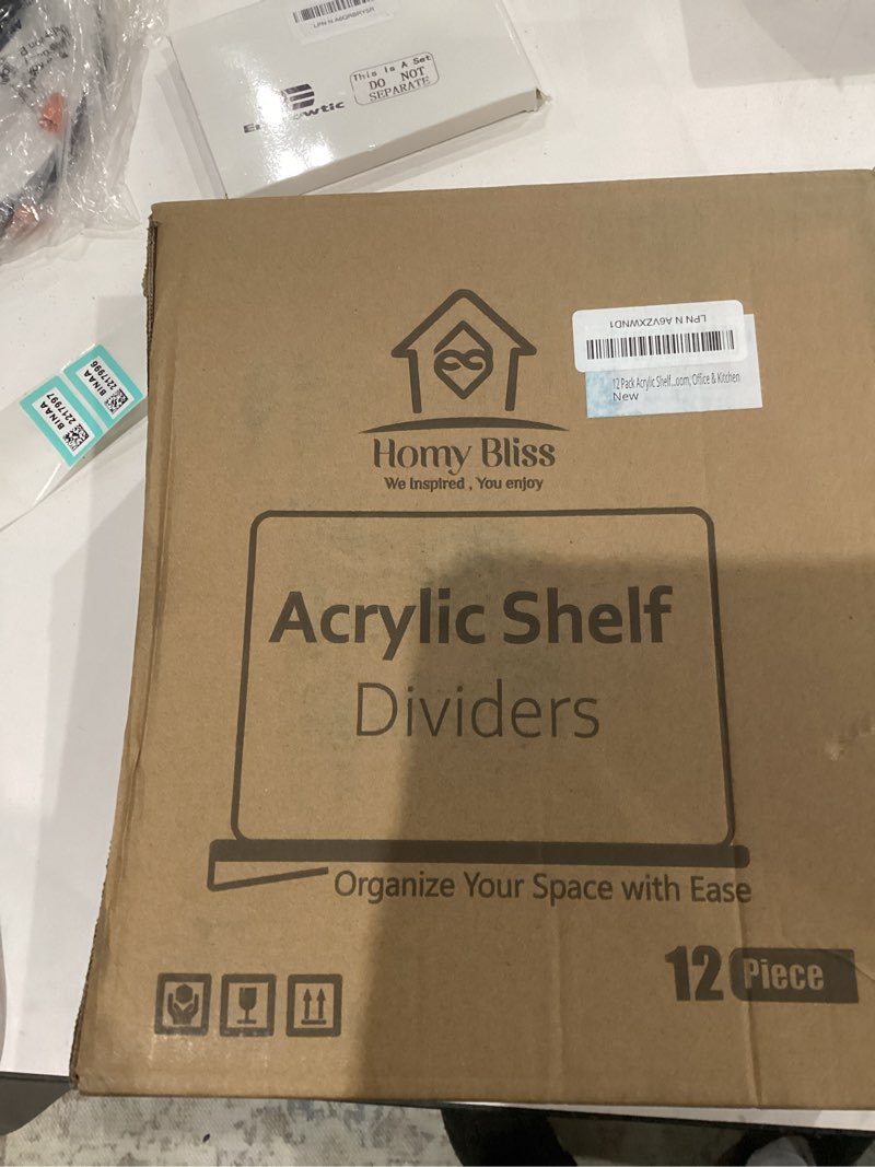 Condition photo showing New/Like New for 12 Pack Acrylic Shelf Dividers for Closet 11x7.9 Inch – Acrylic Dividers for Shelves Clear Closet Shelf Separators for Purses, Clothes Storage – Vertical Bookshelf Dividers for Bedroom & Kitchen Pack of 12