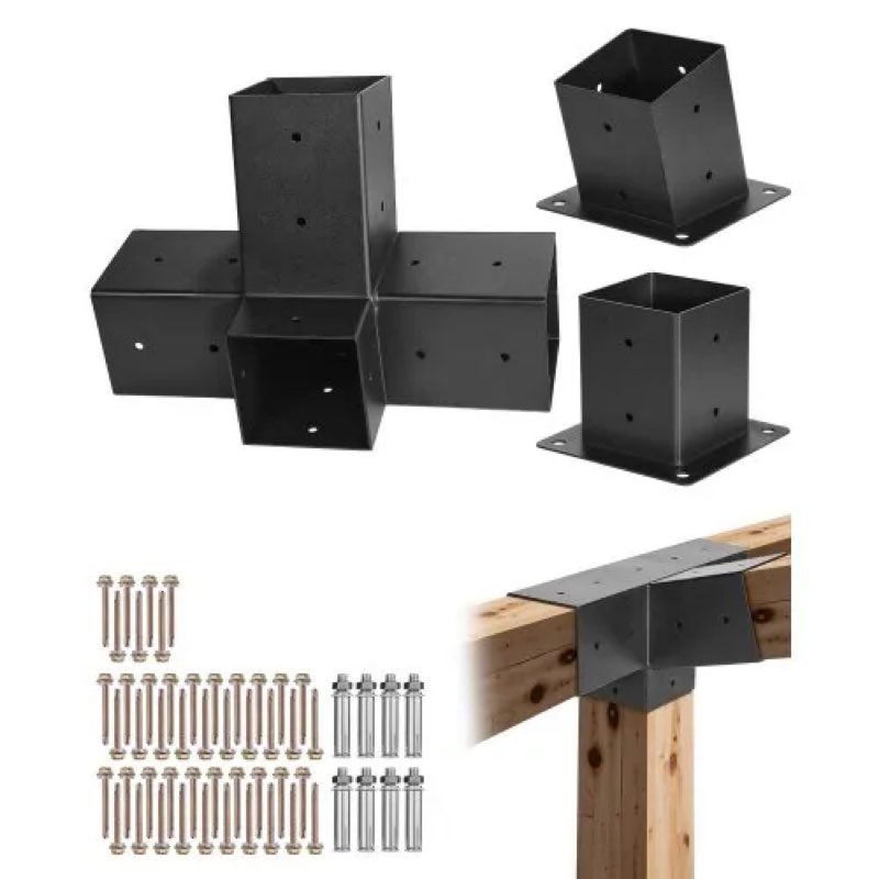 VEVOR Pergola Kit, 4x4 Inch 4-Way Slanted Bracket for 3.5x3.5 Inch Wood Beams in Actual Size, Carbon