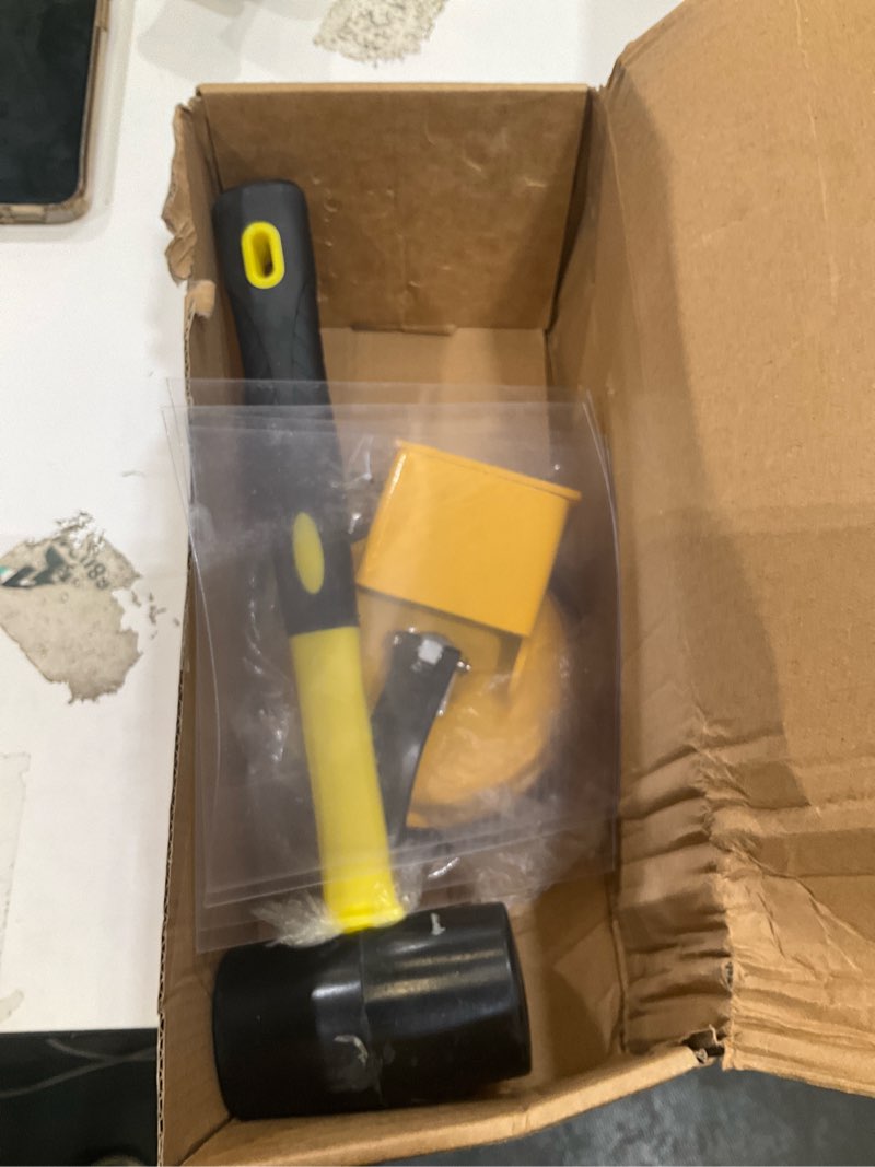 Condition photo showing As Is for floor gap fixer tool with rubber mallet, iron body & strong suction cup, includes 5 sticky pads for laminate, vinyl, wood & tile flooring installation and repair with hammer yellow