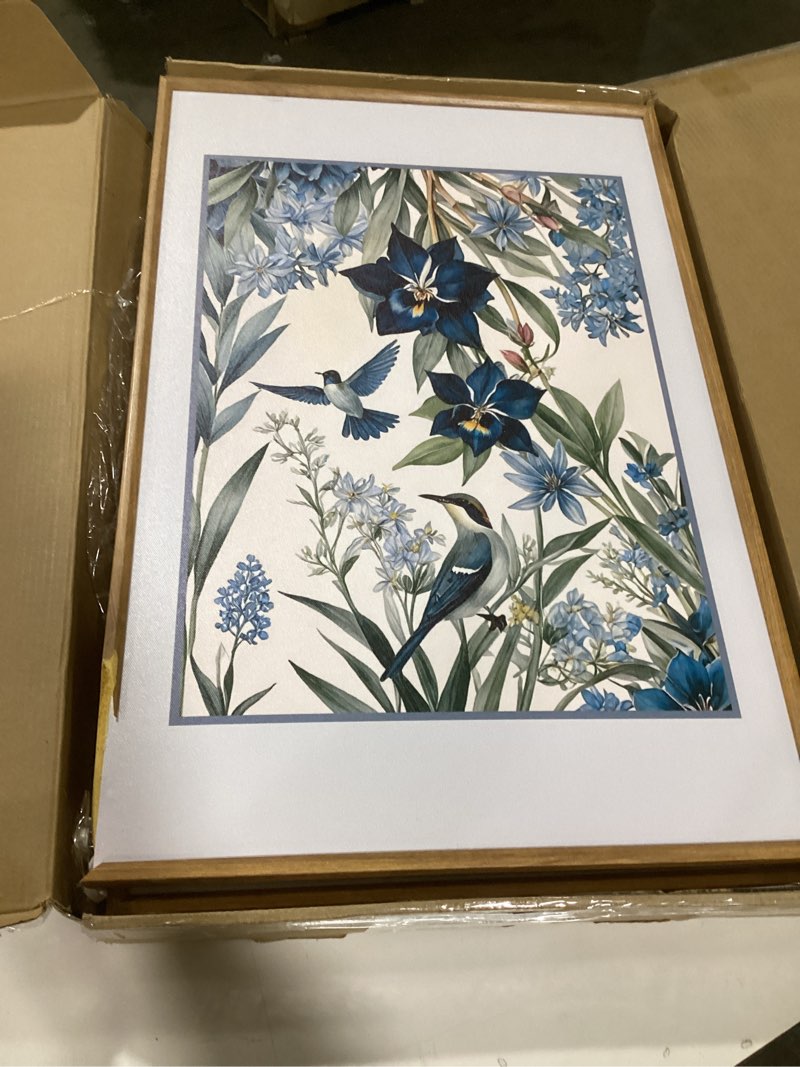 Condition photo showing As Is for Aurlan Vintage Blue Birds and Botanical Framed Wall Art(16"x24"), 3PCS Classic Chinoiserie Audubon Bird Canvas Artwork, Large Abstract Watercolor Flowers Floral Home Decor for Bedroom Living Room Blue Birds on Botanical 16"x24", 3 Pcs