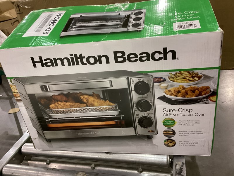 Condition photo showing As Is for Hamilton Beach Sure-Crisp Air Fryer Toaster Oven Combo, Fits 9” Pizza, 4 Slice Capacity, Powerful Circulation, Auto Shutoff, Stainless Steel (31403)